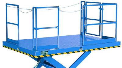 Blue hydraulic scissor lift platform with safety railings and yellow-black striped edges