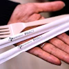 Compostable straws and a fork are displayed at CJ Biomaterials, Woburn, Mass., Aug. 3, 2026.