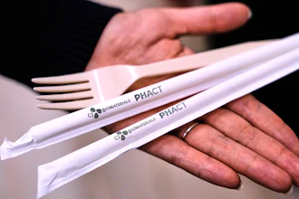 Compostable straws and a fork are displayed at CJ Biomaterials, Woburn, Mass., Aug. 3, 2026.