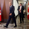 Prime Minister Mark Carney and Canada-U.S. Trade Minister Dominic LeBlanc arrive at a news conference on Parliament Hill, Ottawa, Aug. 22, 2026.
