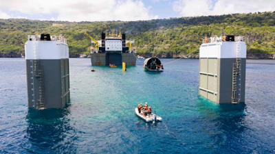 This image provided by SpaceX on Aug. 27, 2026, shows Starship loaded onto a semisubmersible ship to begin the several-month journey back to Starbase.