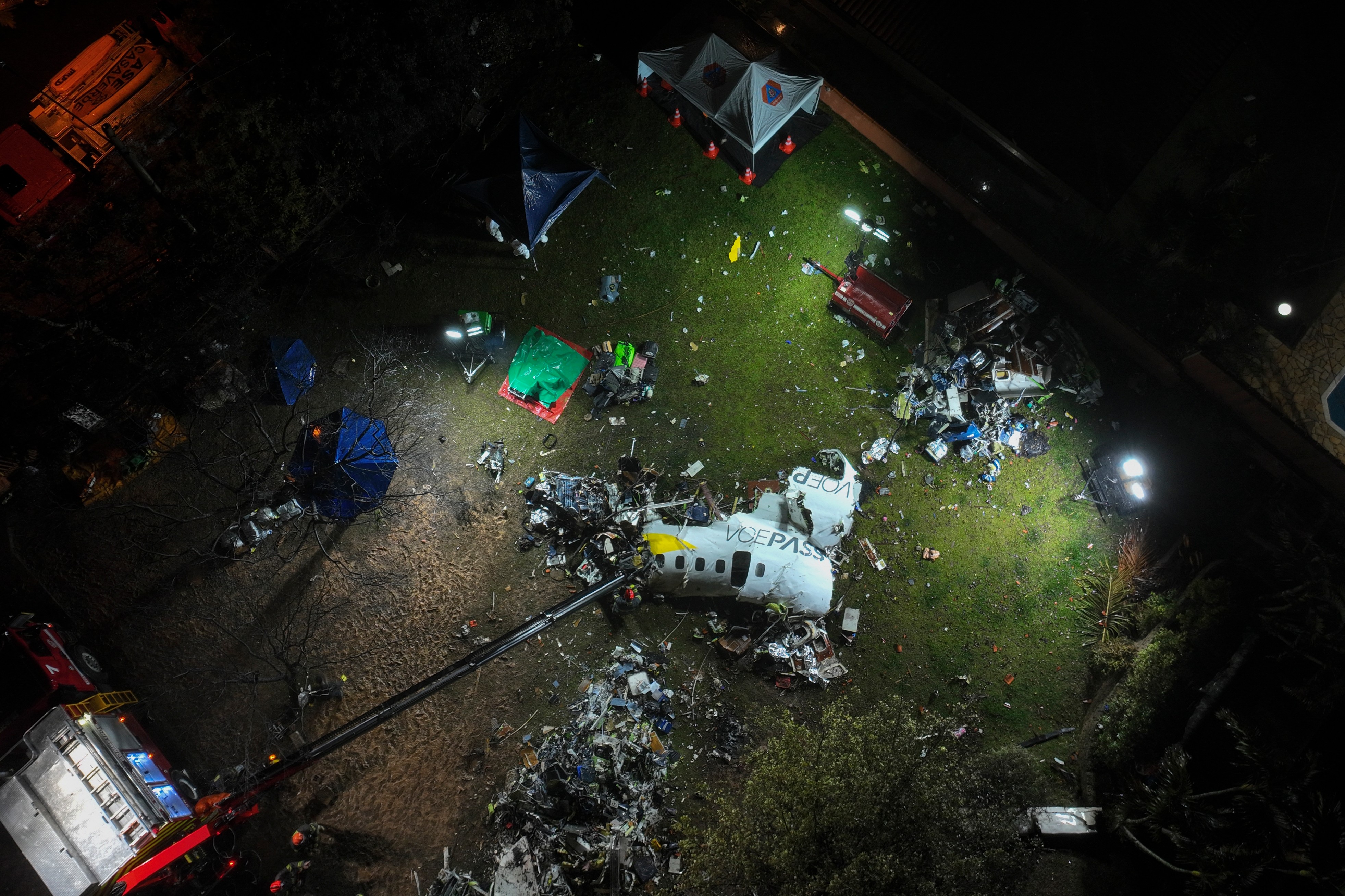 A view of the debris of a Voepass airplane that crashed the previous day, in Vinhedo, Sao Paulo state, Brazil, Aug. 10, 2024.