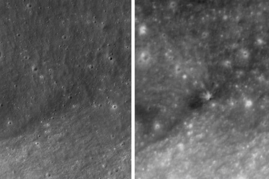 This combination of images provided by NASA and the Korea Aerospace Research Institute shows an area of the moon's surface before, left, Oct. 1, 2015, and after, right, Wednesday, Aug. 5, 2026, a SpaceX rocket segment collided with the moon.