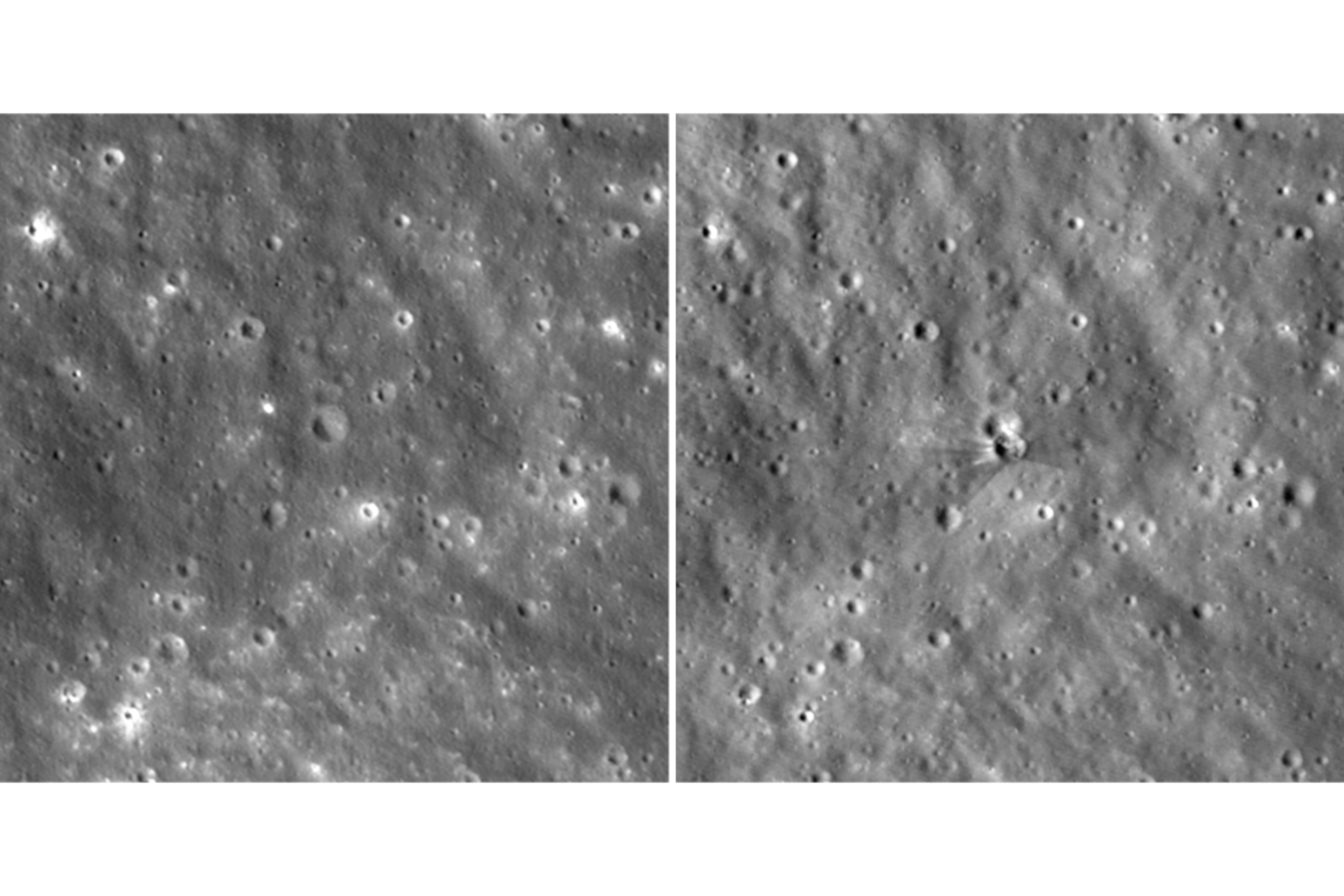 This combo made with photos provided by NASA on Tuesday, Aug. 18, 2026, taken by the Lunar Reconnaissance Orbiter, shows before, left, and after images of a fresh crater on the moon created by a collision with a SpaceX rocket.