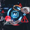 Person holding holographic AI chip with error warnings and technology interface elements