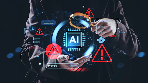 Person holding holographic AI chip with error warnings and technology interface elements