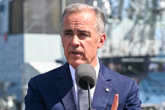 Canadian Prime Minister Mark Carney at the Davie shipyard in Levis, Quebec, Aug. 24, 2026.