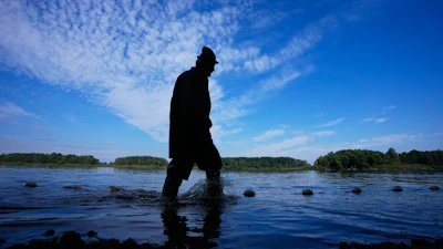A fisherman takes part in a fish haul of the Kanov pond near Trebon, Czech Republic, Aug. 26, 2026.