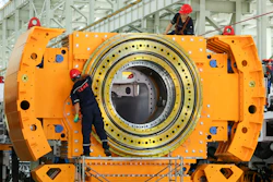 Workers install a tunnel‑boring machine at a factory in Jinhu county in eastern China's Jiangsu province on Aug. 25, 2026.