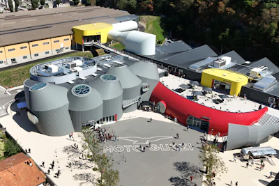 An overview of the Guzzi factory, during the opening inaugurating its completely redeveloped historic factory and new museum as the motorcycle maker celebrates its 105th anniversary, in Mandello del Lario, Thursday, Sept. 3, 2026.