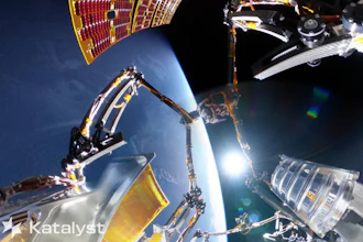 This undated image released by Katalyst Space Technologies on Friday, Sept. 25, 2026 shows Link, a three-armed robotic spacecraft, while in orbit around Earth.