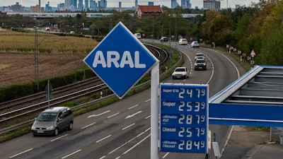 Gas prices are displayed at a gas station in Frankfurt, Germany, Monday, Sept. 14, 2026.