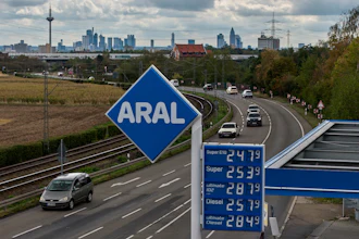 Gas prices are displayed at a gas station in Frankfurt, Germany, Monday, Sept. 14, 2026.
