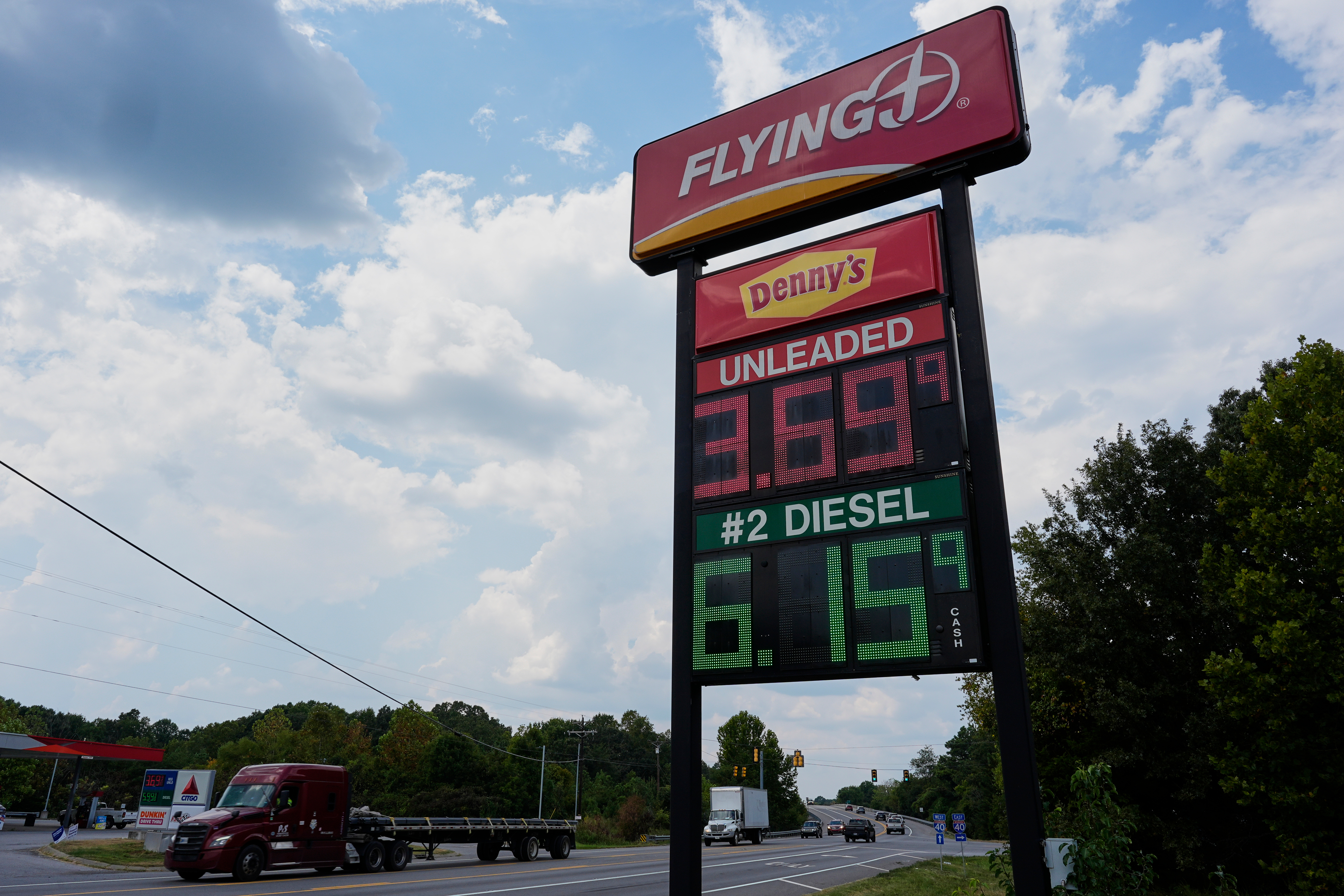 Fuel prices are displayed outside a truck stop Friday, Sept. 4, 2026, in Fairview, Tenn.