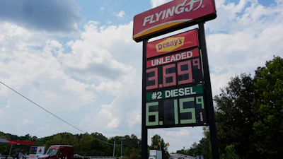 Fuel prices are displayed outside a truck stop Friday, Sept. 4, 2026, in Fairview, Tenn.