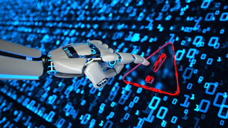 Robotic hand pointing at red warning triangle symbol with binary code background representing cybersecurity threat detection