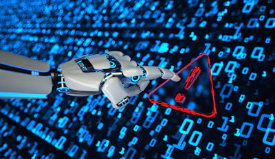 Robotic hand pointing at red warning triangle symbol with binary code background representing cybersecurity threat detection