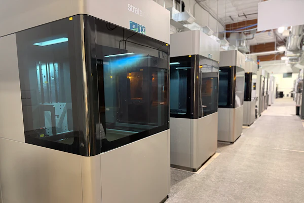 Row of Stratasys 3D printers with black and white enclosures in an industrial showroom or facility