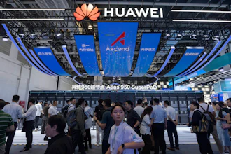 Visitors past by the Huawei booth display of the Atlas 950 SuperPoD during the World AI Conference in Shanghai, China on Friday, July 17, 2026.