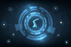 Industry 4.0 infographic featuring robotic arm icon surrounded by connected technology symbols on blue digital background