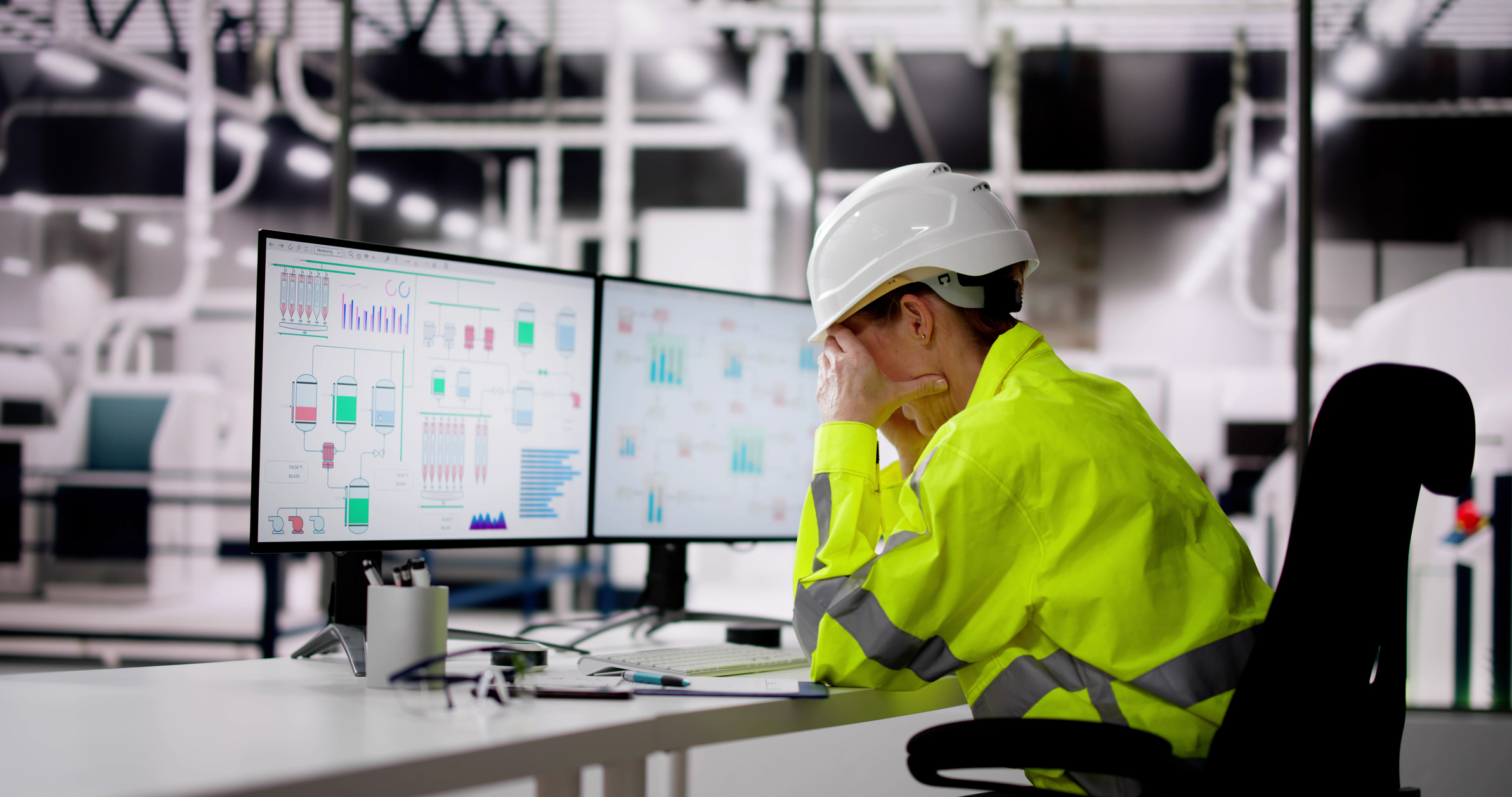 Construction worker in safety gear analyzing data charts on computer monitor in industrial facility
