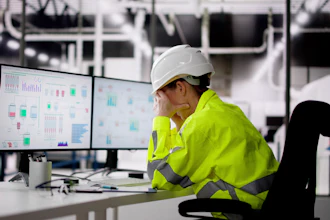 Construction worker in safety gear analyzing data charts on computer monitor in industrial facility
