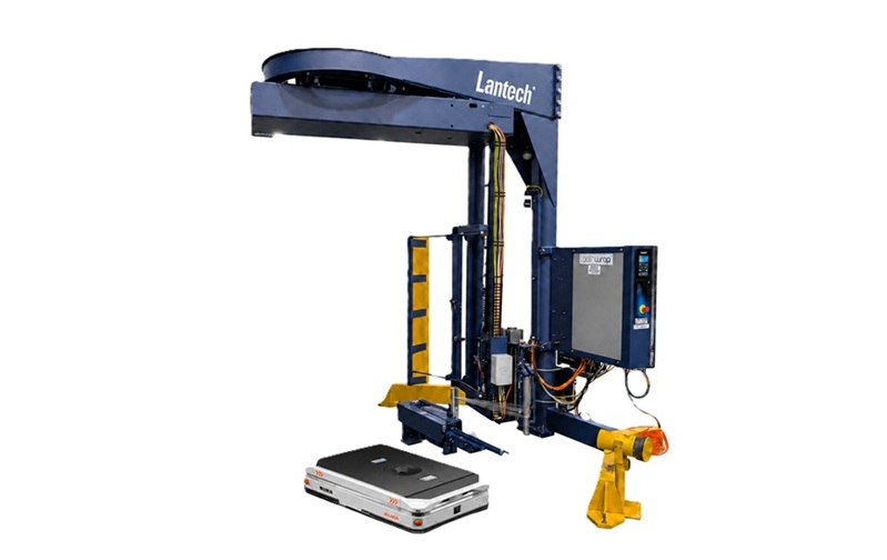 Lantech industrial stretch wrap machine with navy blue frame, yellow safety guards, and control panel
