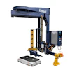 Lantech industrial stretch wrap machine with navy blue frame, yellow safety guards, and control panel