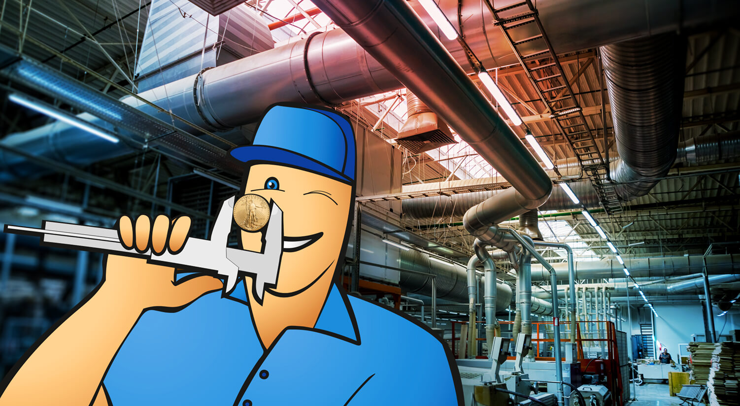 Cartoon plumber character in blue uniform holding wrench in industrial factory setting