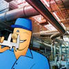 Cartoon plumber character in blue uniform holding wrench in industrial factory setting
