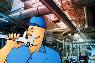 Cartoon plumber character in blue uniform holding wrench in industrial factory setting