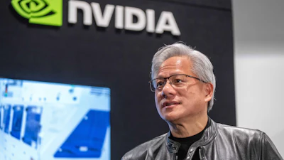 Jensen Huang, president and CEO of Nvidia, waits for a groundbreaking ceremony for an expansion of Coherent's manufacturing facility to begin on June 16, 2026, in Sherman, Texas.
