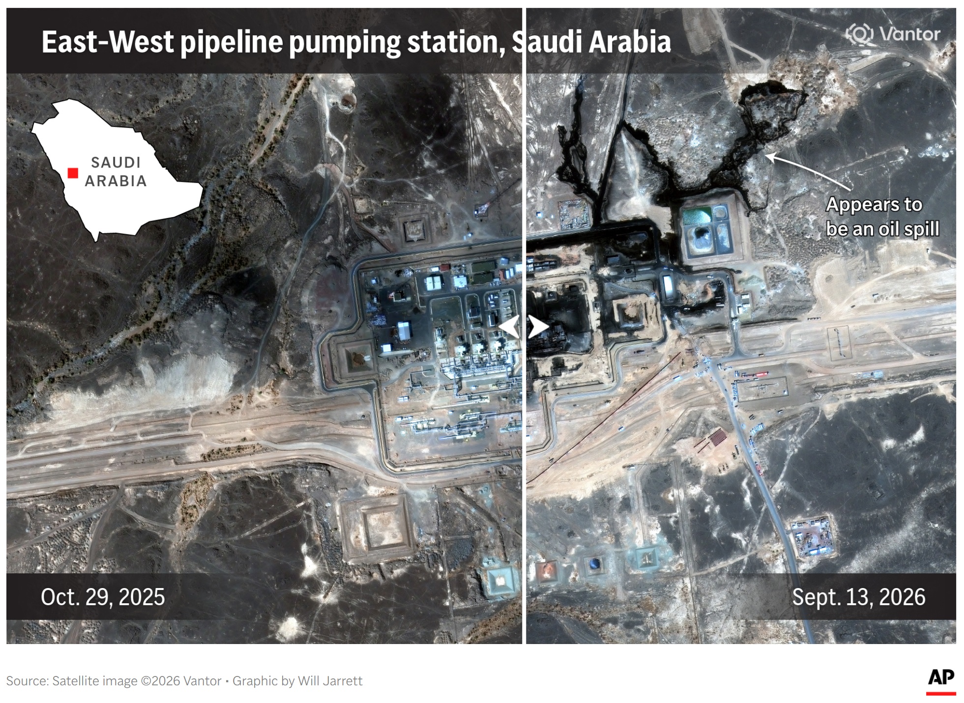 A map showing where the East-West oil pipeline in Saudi Arabia was struck.