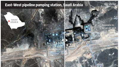 A map showing where the East-West oil pipeline in Saudi Arabia was struck.