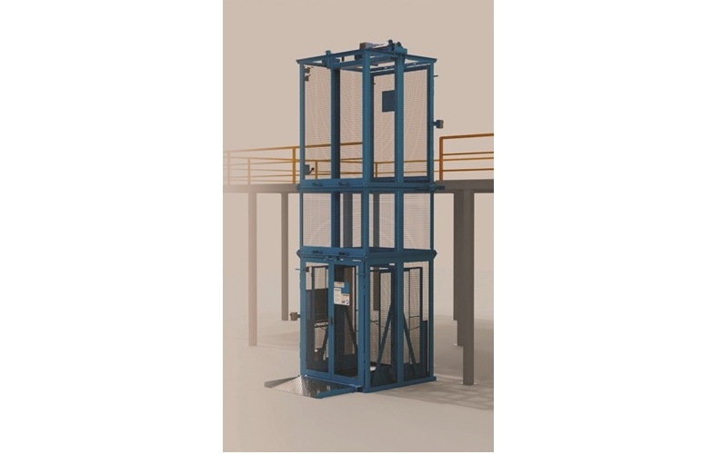 Blue industrial vertical lift platform with safety cage and railings on concrete structure