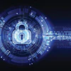 Glowing digital padlock surrounded by concentric blue circles and data streams representing cybersecurity and encryption technology