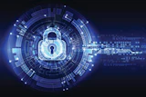 Glowing digital padlock surrounded by concentric blue circles and data streams representing cybersecurity and encryption technology
