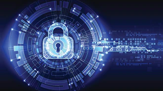 Glowing digital padlock surrounded by concentric blue circles and data streams representing cybersecurity and encryption technology