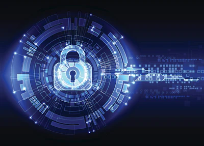 Glowing digital padlock surrounded by concentric blue circles and data streams representing cybersecurity and encryption technology