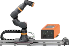 Collaborative robotic arm with orange control unit on linear rail system for industrial automation