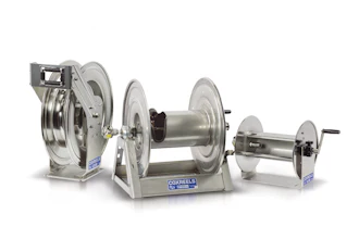 Three stainless steel industrial hose reels of different sizes with manual crank handles