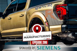 Gold Ford F-150 Raptor truck with red taillights featured in Today in Manufacturing Episode 286, sponsored by Siemens