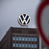 A view of a pedestrian traffic sign near to the Volkswagen brand skyscraper, in Wolfsburg, Germany, Friday, Sept. 4, 2026.