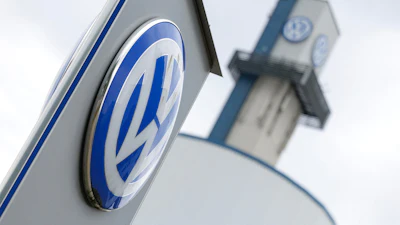 The VW logo in front of the Volkswagen plant in Osnabrueck, Germany, Wednesday, Aug. 26, 2026.