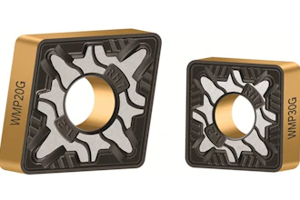 Two square carbide cutting inserts with gold coating and technical markings WMP20G and WMP30G