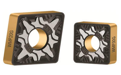 Two square carbide cutting inserts with gold coating and technical markings WMP20G and WMP30G