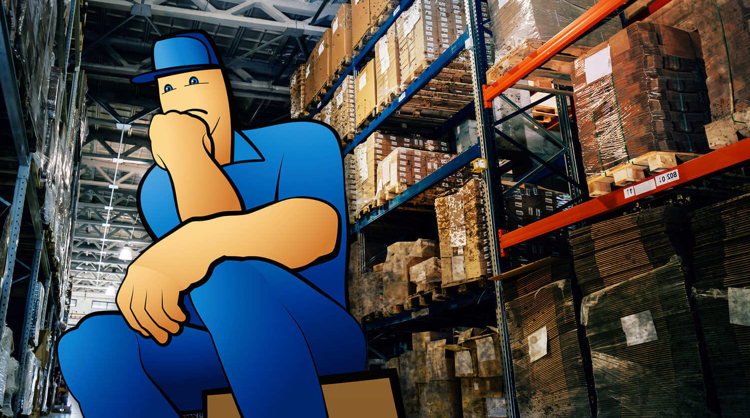 Cartoon warehouse worker in blue uniform sitting in front of industrial shelving with stacked boxes