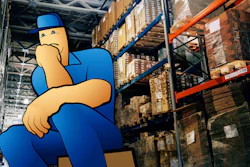 Cartoon warehouse worker in blue uniform sitting in front of industrial shelving with stacked boxes