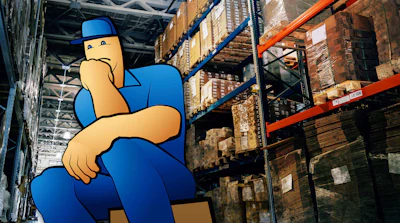 Cartoon warehouse worker in blue uniform sitting in front of industrial shelving with stacked boxes