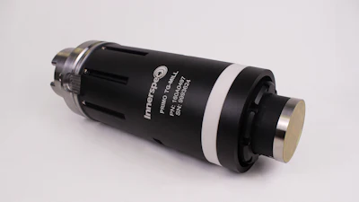 Black cylindrical thermal imaging camera with white text and metallic end caps